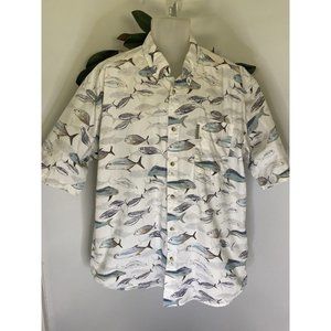 Columbia Men's Fish Print Button Up Shirt XL Vintage Pocket Logo 100% Cotton EUC